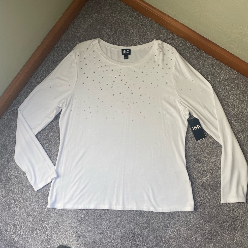 INC International Concepts White Tee with Silver Accents